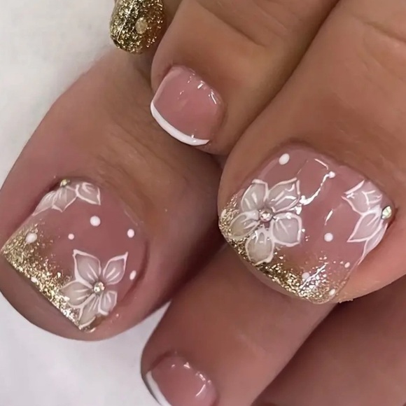 24pcs Sparkling Golden Glitter Flower Press On Toenails with Rhinestone - Picture 1 of 4